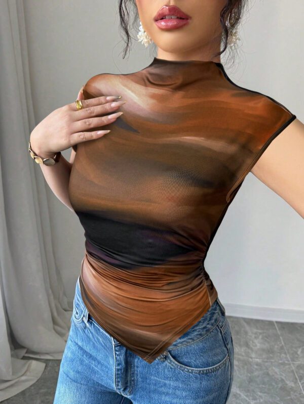 Firerie Nouveau T-Shirt brun casual et polyvalent pour femmes avec ourlet asymétrique tie-dye