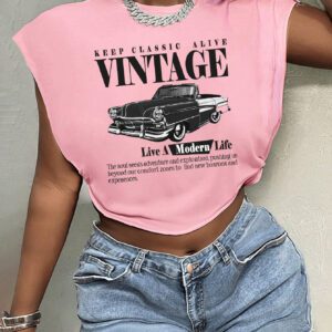 SHEIN Slayr T-shirt ample à col rond, imprimé de lettres sur voiture rétro, style vintage décontracté. Convient pour l'été.