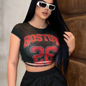 SHEIN SXY T-shirt décontracté pour femmes à col rond et manches courtes avec imprimé lettres