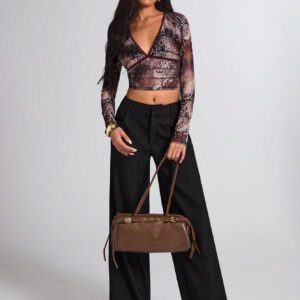 SHEIN BAE Femmes Blouse décontractée à manches longues col en V imprimée, coupe slim, pour un port quotidien