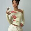 Aloruh Femme Printemps/Été Vacances T-shirt manches longues asymétrique à l'épaule avec découpe asymétrique, imprimé floral jaune