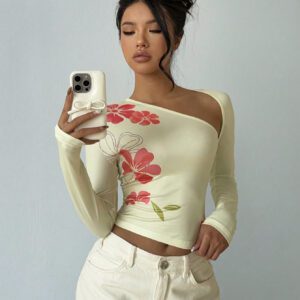 Aloruh Femme Printemps/Été Vacances T-shirt manches longues asymétrique à l'épaule avec découpe asymétrique, imprimé floral jaune