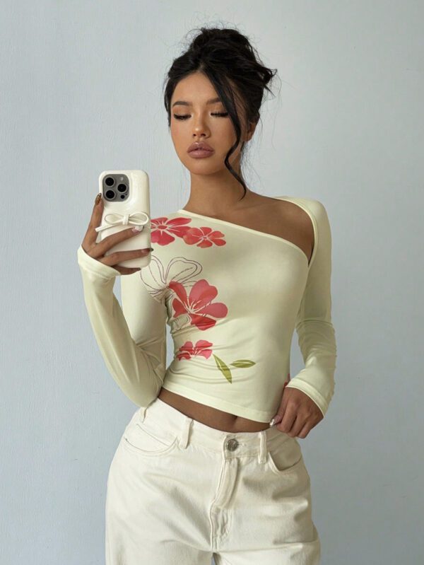 Aloruh Femme Printemps/Été Vacances T-shirt manches longues asymétrique à l'épaule avec découpe asymétrique, imprimé floral jaune