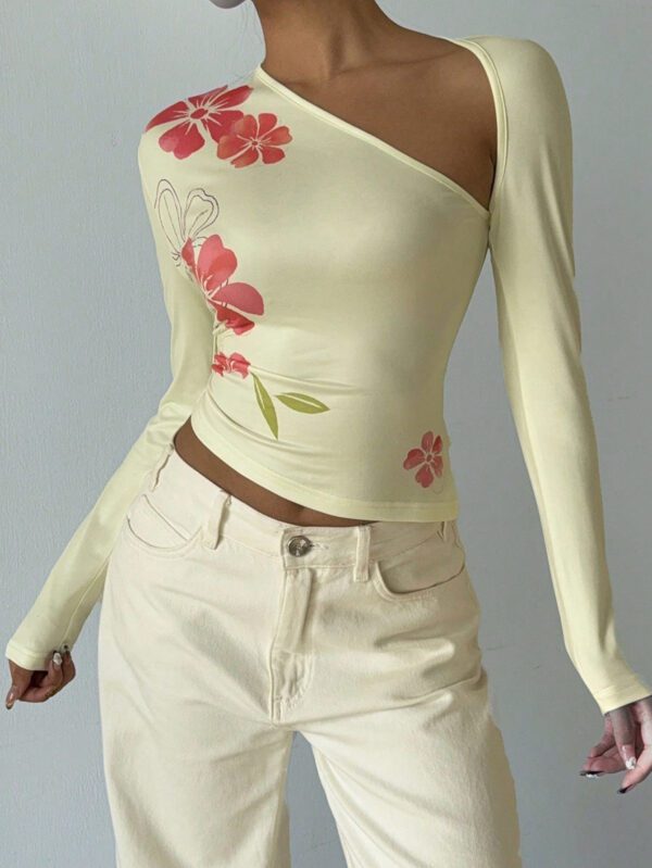 Aloruh Femme Printemps/Été Vacances T-shirt manches longues asymétrique à l'épaule avec découpe asymétrique, imprimé floral jaune – Image 6