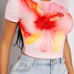 SHEIN SXY Robe élégante occidentale à imprimé floral rose pour femme, avec un Top graphique à haute élasticité pour le printemps/été, les vacances, le mariage, la Saint-Valentin