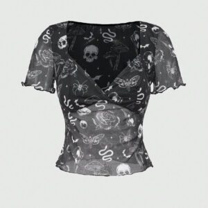 ROMWE Goth T-shirt femme à col claudine et manches courtes avec imprimé araignée, style vintage