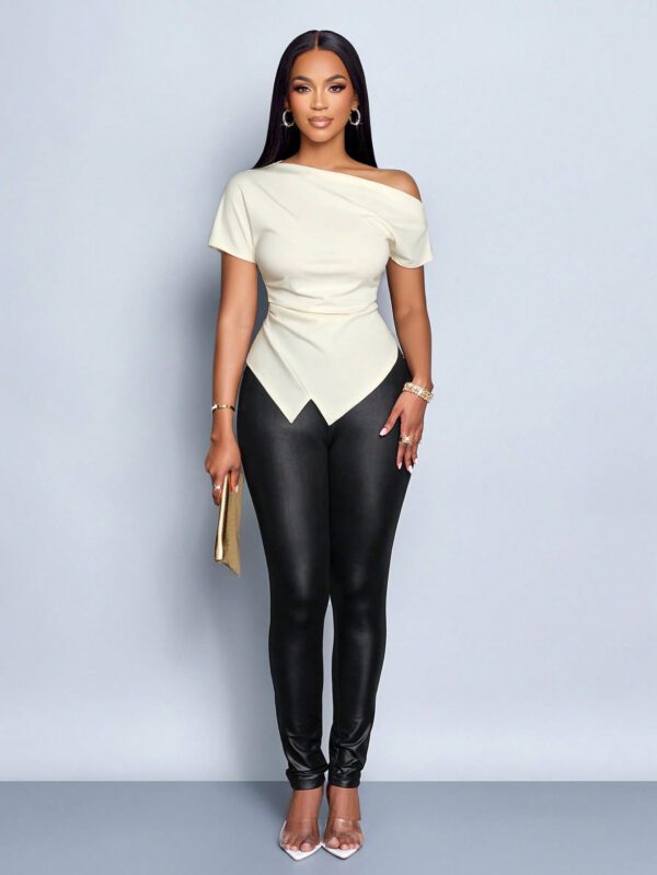 SOLERSUN Top T-Shirt à encolure asymétrique élégant et drapé pour femmes – Image 6