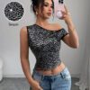 Elenzga T-shirt à manches courtes ajusté asymétrique avec encolure, orné de paillettes, pour la Saint-Valentin 2025