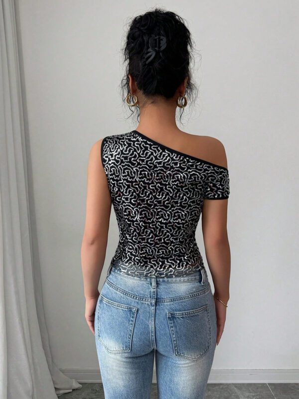 Elenzga T-shirt à manches courtes ajusté asymétrique avec encolure, orné de paillettes, pour la Saint-Valentin 2025 – Image 2