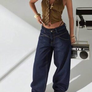 RueChic Jeans décontractés et polyvalents, taille basse avec poches, jambe ample et ample pour femmes
