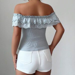 Elenzga Tenue d'été élégante pour femmes, top à manches courtes avec épaules dénudées, volants en dentelle, t-shirt moulant en tricot