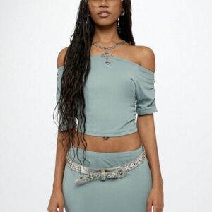 SUMWON WOMEN Top court à épaules dénudées, coupe slim, manches courtes, jersey extensible, mode Y2K, décontracté, style de rue d'été, t-shirt essentiel de base