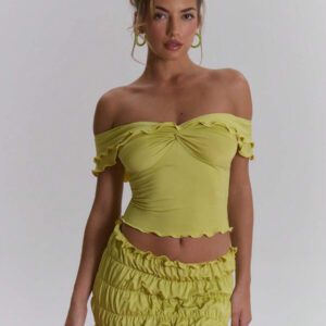 MUSERA Top ajusté à volants d'épaules dénudées, sexy, boho, pour le printemps et l'été. Idéal pour les vacances à Ibiza, les festivals et la plage.