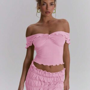 MUSERA Top ajusté à volants d'épaules dénudées, sexy, boho, pour le printemps et l'été. Idéal pour les vacances à Ibiza, les festivals et la plage.
