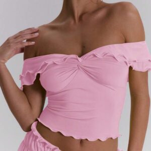 MUSERA Top ajusté à volants d'épaules dénudées, sexy, boho, pour le printemps et l'été. Idéal pour les vacances à Ibiza, les festivals et la plage.