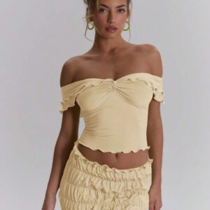 MUSERA Top ajusté à volants d'épaules dénudées, sexy, boho, pour le printemps et l'été. Idéal pour les vacances à Ibiza, les festivals et la plage.