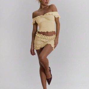 MUSERA Top ajusté à volants d'épaules dénudées, sexy, boho, pour le printemps et l'été. Idéal pour les vacances à Ibiza, les festivals et la plage.