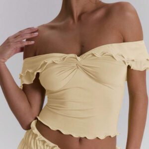 MUSERA Top ajusté à volants d'épaules dénudées, sexy, boho, pour le printemps et l'été. Idéal pour les vacances à Ibiza, les festivals et la plage.