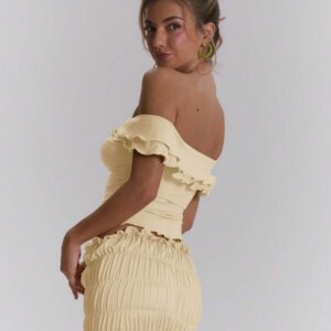 MUSERA Top ajusté à volants d'épaules dénudées, sexy, boho, pour le printemps et l'été. Idéal pour les vacances à Ibiza, les festivals et la plage.