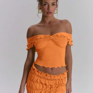 MUSERA Top ajusté à volants d'épaules dénudées, sexy, boho, pour le printemps et l'été. Idéal pour les vacances à Ibiza, les festivals et la plage.