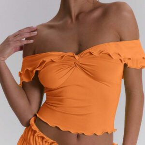 MUSERA Top ajusté à volants d'épaules dénudées, sexy, boho, pour le printemps et l'été. Idéal pour les vacances à Ibiza, les festivals et la plage.