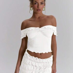 MUSERA Top ajusté à volants d'épaules dénudées, sexy, boho, pour le printemps et l'été. Idéal pour les vacances à Ibiza, les festivals et la plage.