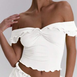 MUSERA Top ajusté à volants d'épaules dénudées, sexy, boho, pour le printemps et l'été. Idéal pour les vacances à Ibiza, les festivals et la plage.