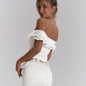 MUSERA Top ajusté à volants d'épaules dénudées, sexy, boho, pour le printemps et l'été. Idéal pour les vacances à Ibiza, les festivals et la plage.