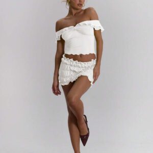 MUSERA Top ajusté à volants d'épaules dénudées, sexy, boho, pour le printemps et l'été. Idéal pour les vacances à Ibiza, les festivals et la plage.