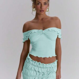 MUSERA Top ajusté à volants d'épaules dénudées, sexy, boho, pour le printemps et l'été. Idéal pour les vacances à Ibiza, les festivals et la plage.