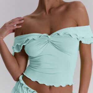 MUSERA Top ajusté à volants d'épaules dénudées, sexy, boho, pour le printemps et l'été. Idéal pour les vacances à Ibiza, les festivals et la plage.