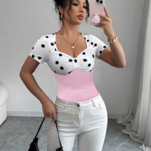 Elenzga T-shirt Top à manches courtes avec col carré, vintage à pois noirs et blancs,