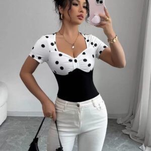 Elenzga T-shirt Top à manches courtes avec col carré, vintage à pois noirs et blancs,