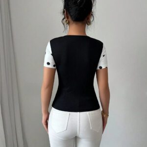 Elenzga T-shirt Top à manches courtes avec col carré, vintage à pois noirs et blancs,