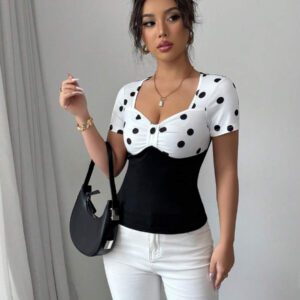 Elenzga T-shirt Top à manches courtes avec col carré, vintage à pois noirs et blancs,