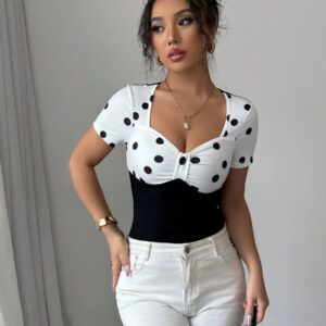 Elenzga T-shirt Top à manches courtes avec col carré, vintage à pois noirs et blancs,