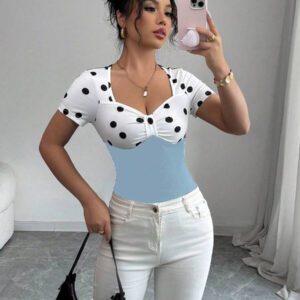 Elenzga T-shirt Top à manches courtes avec col carré, vintage à pois noirs et blancs,