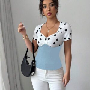 Elenzga T-shirt Top à manches courtes avec col carré, vintage à pois noirs et blancs,