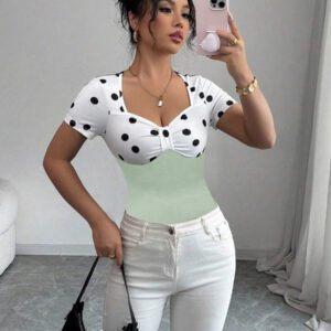 Elenzga T-shirt Top à manches courtes avec col carré, vintage à pois noirs et blancs,