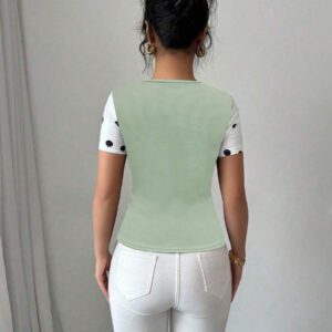 Elenzga T-shirt Top à manches courtes avec col carré, vintage à pois noirs et blancs,