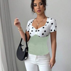 Elenzga T-shirt Top à manches courtes avec col carré, vintage à pois noirs et blancs,