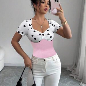 Elenzga T-shirt Top à manches courtes avec col carré, vintage à pois noirs et blancs,