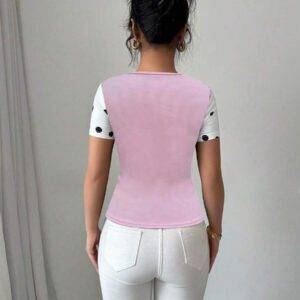 Elenzga T-shirt Top à manches courtes avec col carré, vintage à pois noirs et blancs,