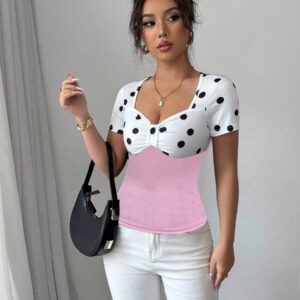 Elenzga T-shirt Top à manches courtes avec col carré, vintage à pois noirs et blancs,