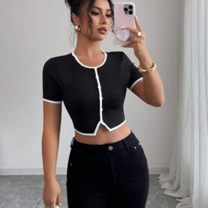 Elenzga T-shirt décontracté court à un rang de boutons et minimaliste pour femmes