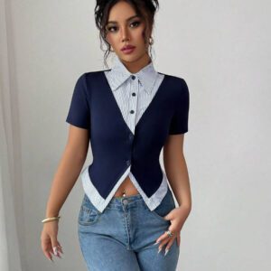 Elenzga T-shirt court à manches courtes avec rayures et couleur unie pour femmes, pour le bureau et les déplacements
