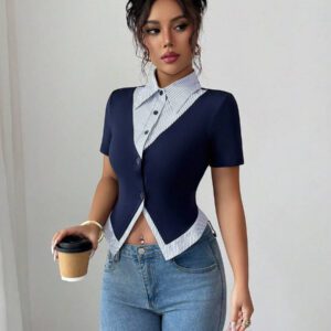 Elenzga T-shirt court à manches courtes avec rayures et couleur unie pour femmes, pour le bureau et les déplacements