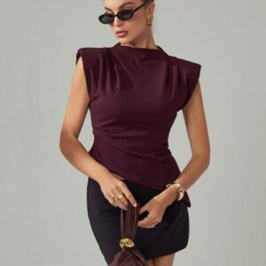 SHEIN Tall Top décontracté de ville pour port quotidien, pour femmes, col montant, couleur bordeaux, ourlet asymétrique froissé, épaulettes larges