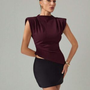 SHEIN Tall Top décontracté de ville pour port quotidien, pour femmes, col montant, couleur bordeaux, ourlet asymétrique froissé, épaulettes larges