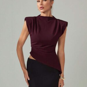 SHEIN Tall Top décontracté de ville pour port quotidien, pour femmes, col montant, couleur bordeaux, ourlet asymétrique froissé, épaulettes larges